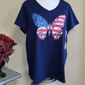 NEW American Flag Butterfly Top T-shirt Women'sPatriotic USA Red White Blue 1X